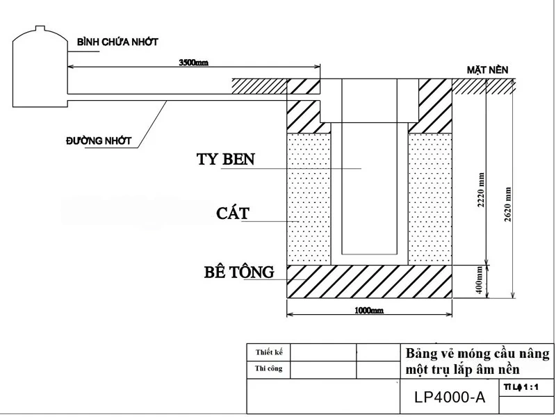 Bản vẽ kỹ thuật và kích thước hố móng cầu nâng 1 trụ rửa xe ô tô lắp âm nền