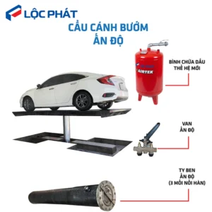 Cấu tạo cầu nâng 1 trụ rửa xe âm nền cánh bướm Ấn Độ gồm bình dầu, van và ty ben