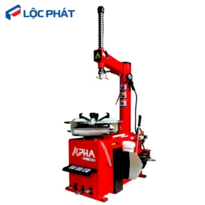 Tổng thể máy ra vỏ Alpha AL-800 màu đỏ nhìn từ góc nghiêng, đầy đủ cần ép và mâm xoay