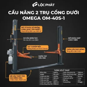 Cầu nâng 2 trụ cổng dưới OMEGA OM-40S-1 sức nâng 4 tấn. Tay 3 khớp nâng được Ford Transit, có bơm tay hạ cầu an toàn khi cúp điện