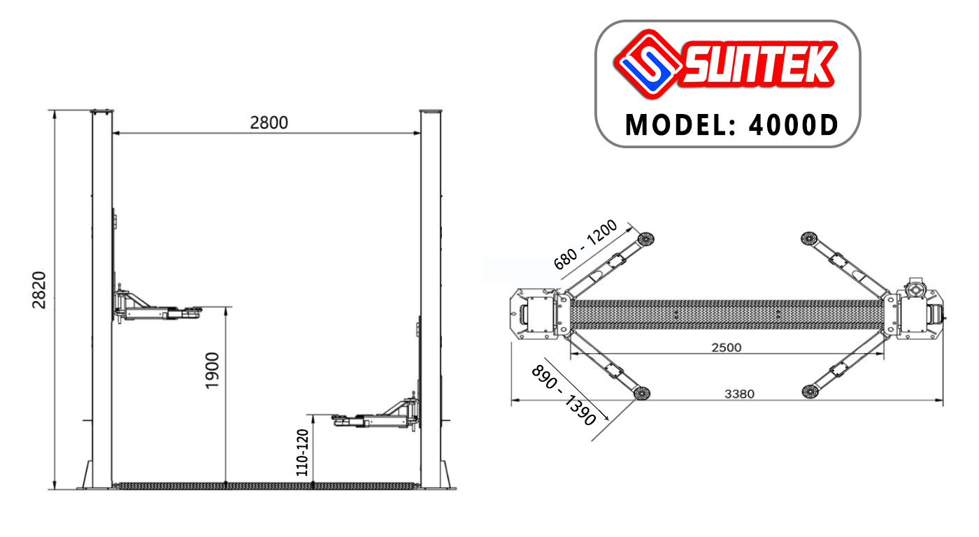 Bản vẽ kỹ thuật cầu nâng 2 trụ cổng dưới SUNTEK 4000D