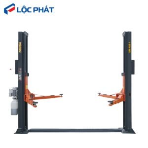 Cầu nâng 2 trụ cổng dưới OMEGA lock giật 1 bên tay 3 khớp nối chính hãng cho gara ô tô