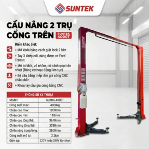 Poster giới thiệu cầu nâng 2 trụ cổng trên SUNTEK 4000T kèm thông số kỹ thuật và đặc điểm nổi bật