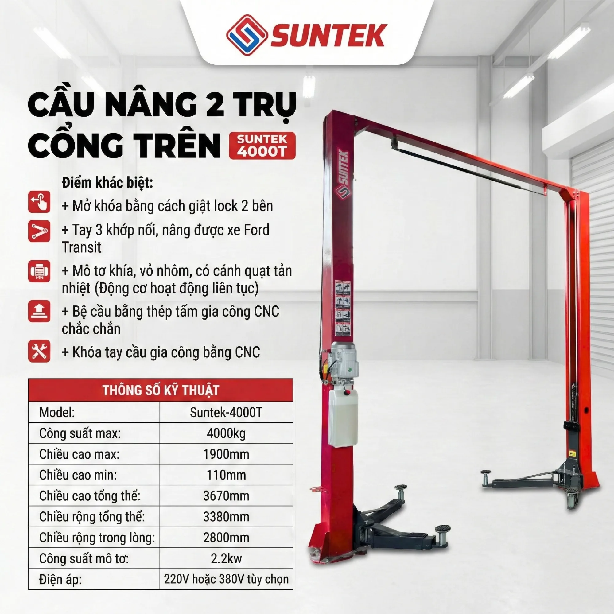 Cấu tạo các loại cầu nâng ô tô 2 trụ SUNTEK 4000T