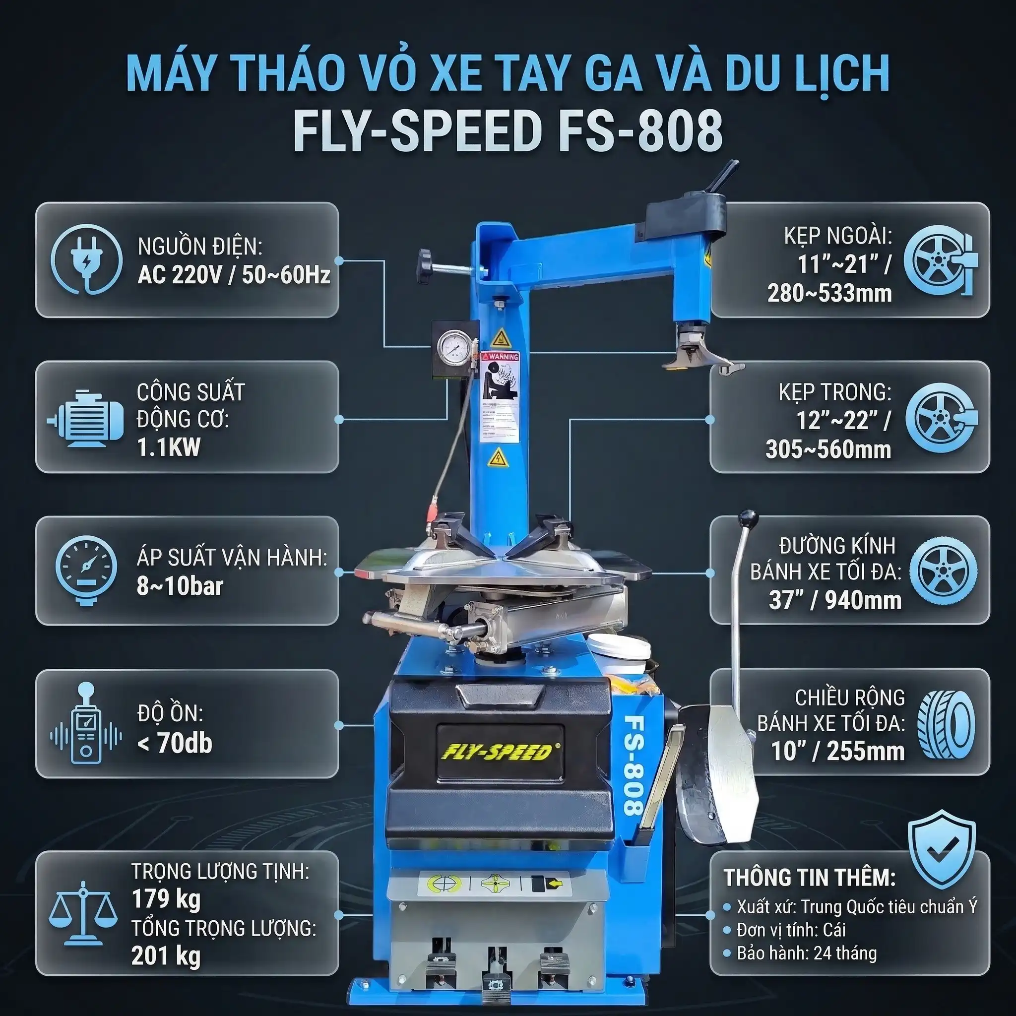 Infographic thông số máy tháo lốp Fly-Speed FS-808