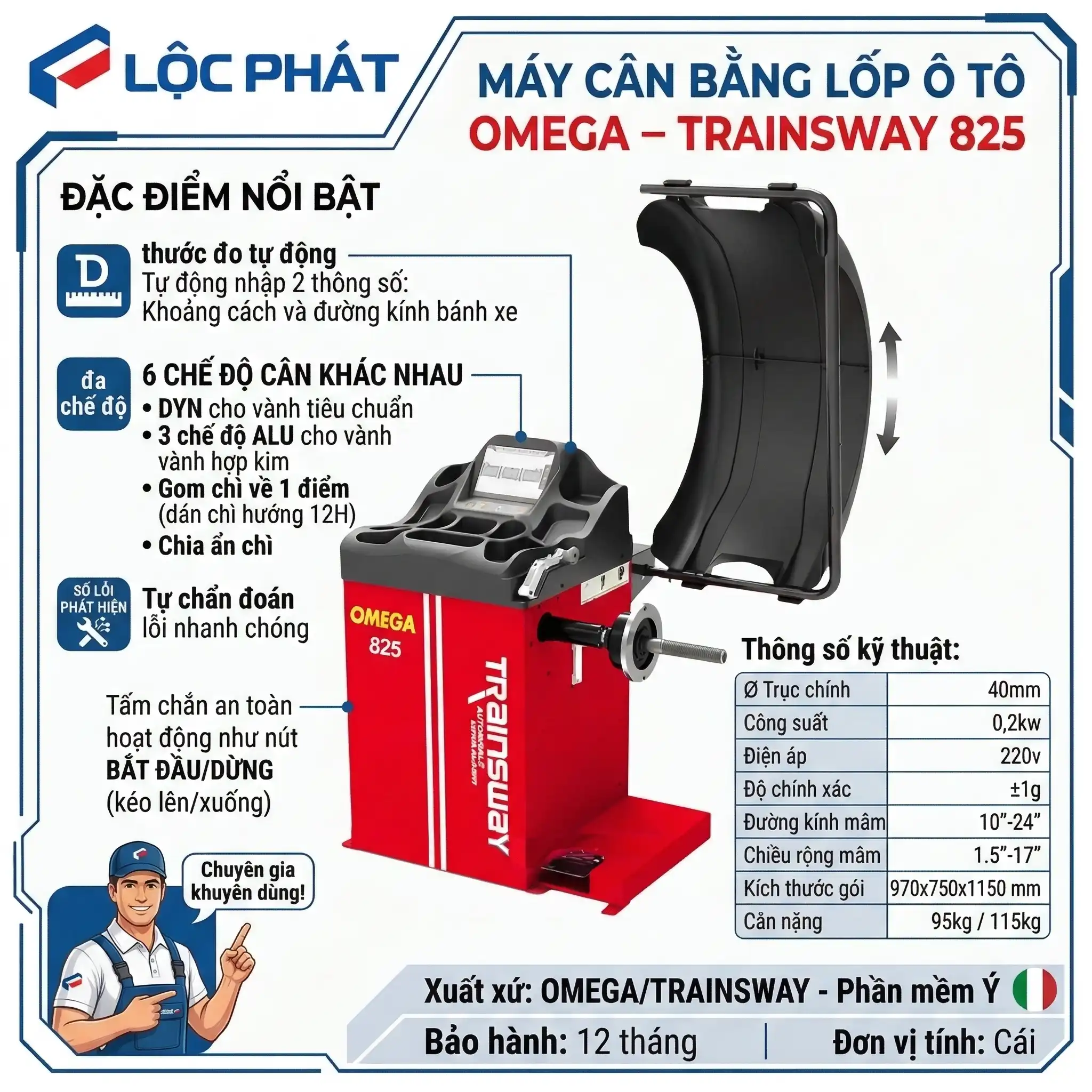 MÁY CÂN BẰNG LỐP Ô TÔ OMEGA - TRAINSWAY 825 13 Infographic thông số kỹ thuật máy cân mâm xe ô tô