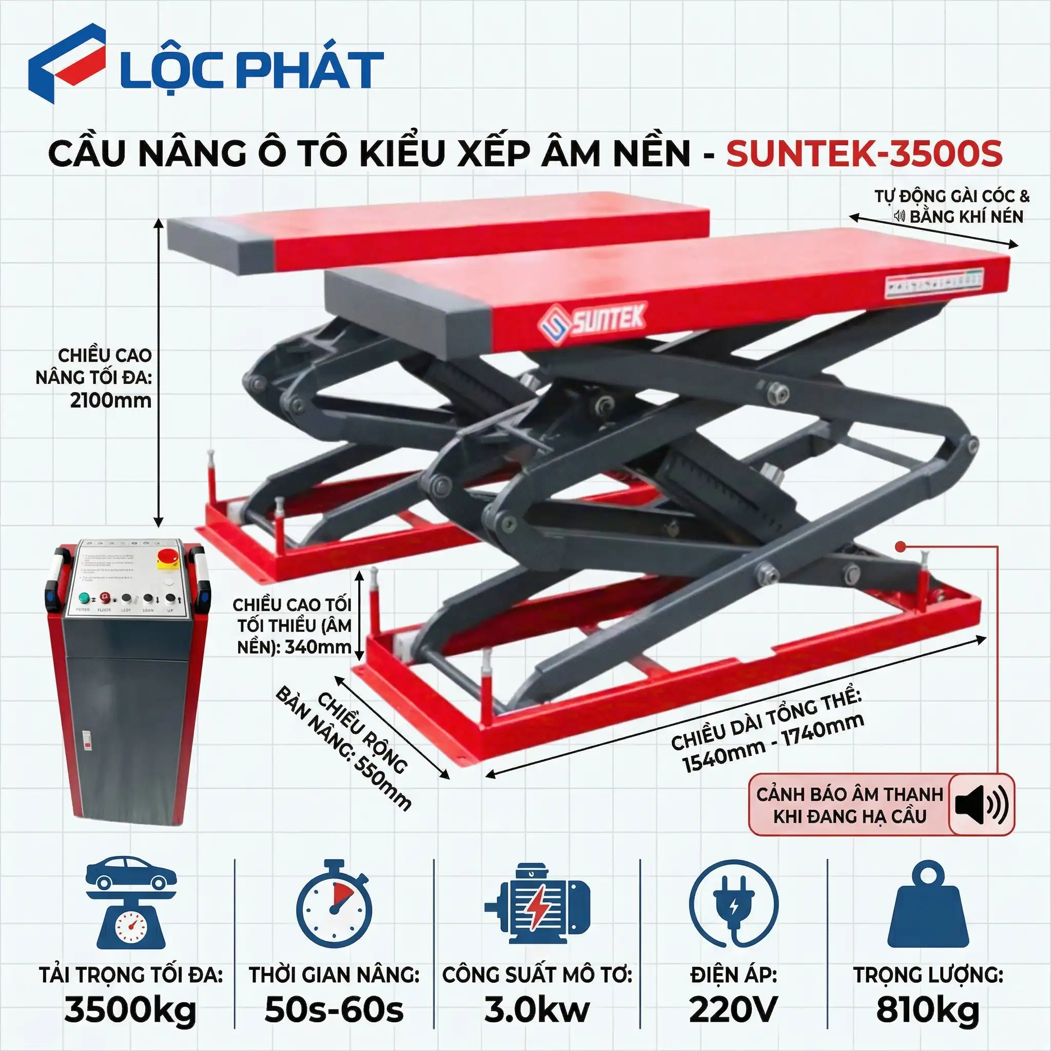 Infographic thông số Cầu Nâng Ô Tô Kiểu Xếp Âm Nền SUNTEK-3500S