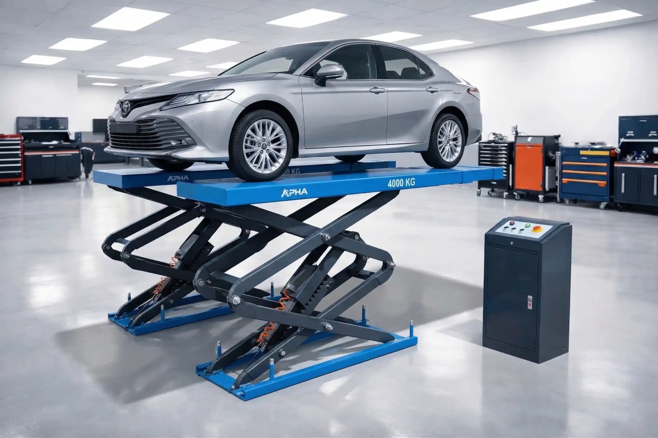 Hình ảnh cầu nâng ô tô kiểu xếp âm nền ALPHA AL-4XA tại xưởng