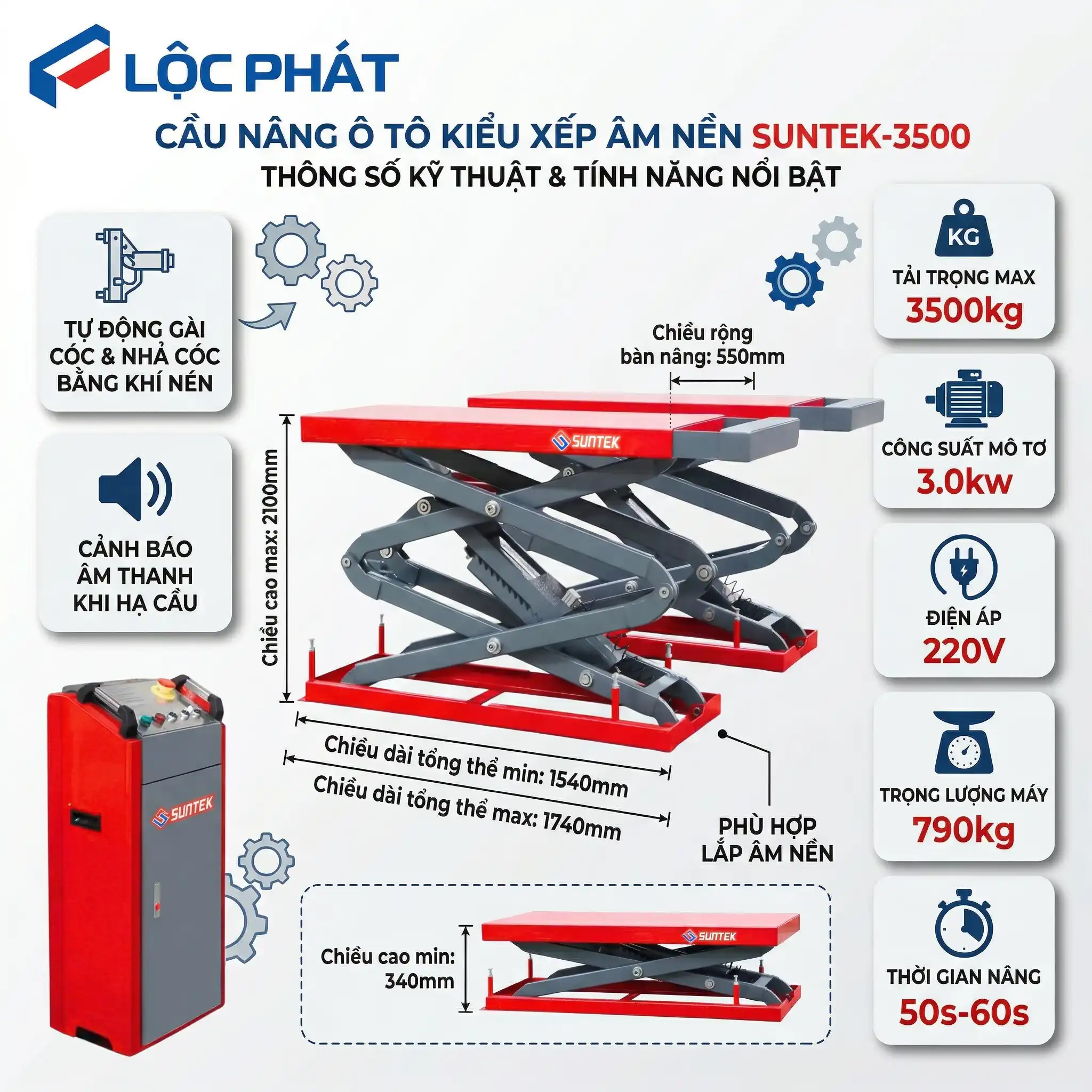 Infographic thông số cầu nâng ô tô kiểu xếp âm nền SUNTEK-3500