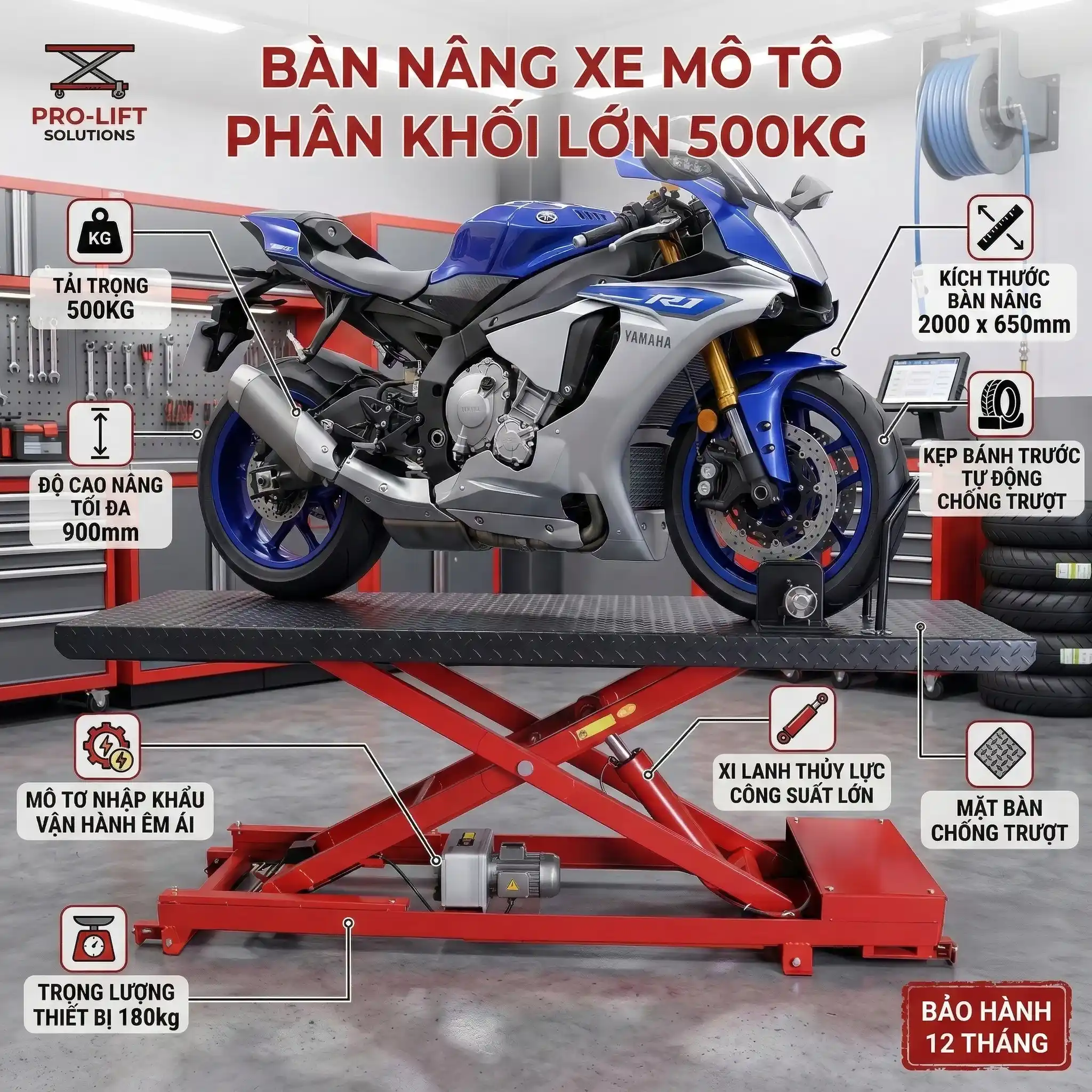 Infographic thông số kỹ thuật bàn nâng xe mô tô phân khối lớn 500kg