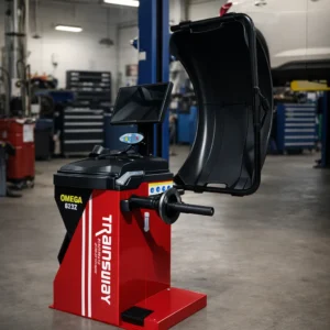 Máy cân mâm Omega 828Z Trainsway đỏ, thiết bị gara sửa chữa ô tô chuyên nghiệp.