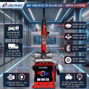 Hình ảnh minh họa máy tháo lốp Suntek LP-910 Pro với các thông số kỹ thuật chi tiết.