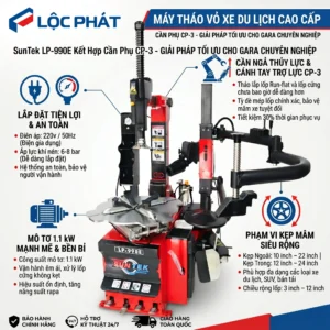 Máy tháo vỏ xe du lịch SunTek LP-990E kết hợp cần phụ CP-3, bán tự động, cần gật gù, công suất 1.1kw, kẹp lốp 10-24 inch.