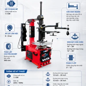 Infographic chi tiết thông số kỹ thuật máy tháo vỏ xe du lịch SunTek LP-990A kết hợp cần phụ CP-4.