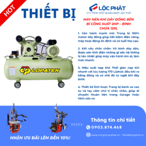 Máy nén khí LOPATEK 3HP – 100L – 8Bar đặt trong không gian tiệm sửa chữa xe máy, ô tô.