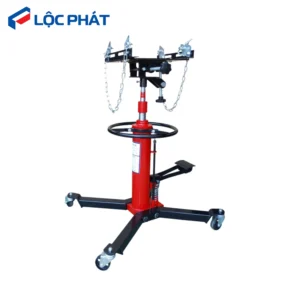 Giá đỡ hộp số 2 tầng Lộc Phát màu đỏ, thiết kế đứng, có bánh xe di chuyển dễ dàng.
