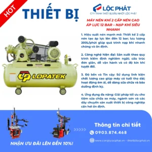 Máy nén khí LOPATEK 2 cấp nén 3HP, dung tích 200L, áp lực 12 bar, hiệu suất cao, phù hợp gara ô tô, công nghiệp.