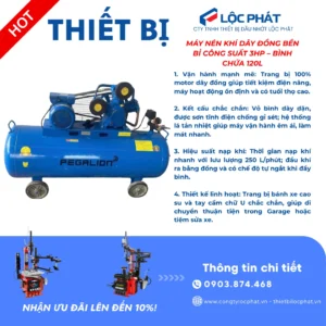 Máy nén khí Pegalion 2 cấp nén 3HP-120L-12.5Bar, động cơ dây đồng, dung tích 120L, áp lực 12.5 bar, phù hợp garage, tiệm sửa chữa.