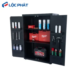 Tủ dụng cụ CSPS 91cm mở cửa, trưng bày các ngăn chứa và vách lưới đựng đồ nghề.
