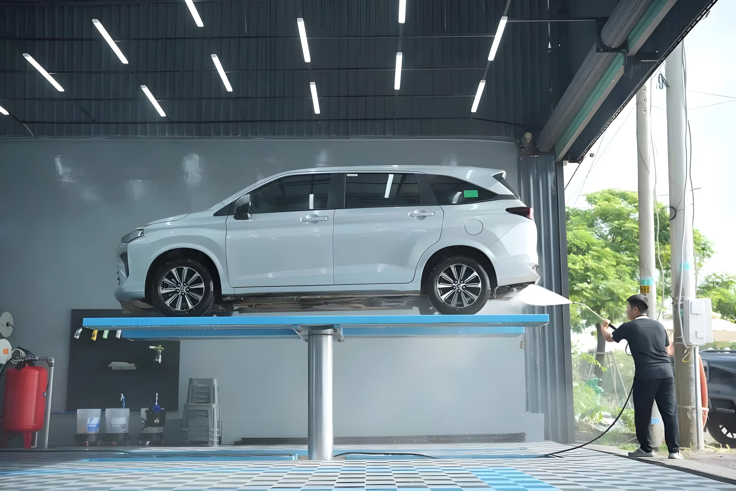 Cầu nâng 1 trụ AIRTEK Ấn Độ bàn âm nền nâng xe ô tô rửa gầm thực tế tại Gara