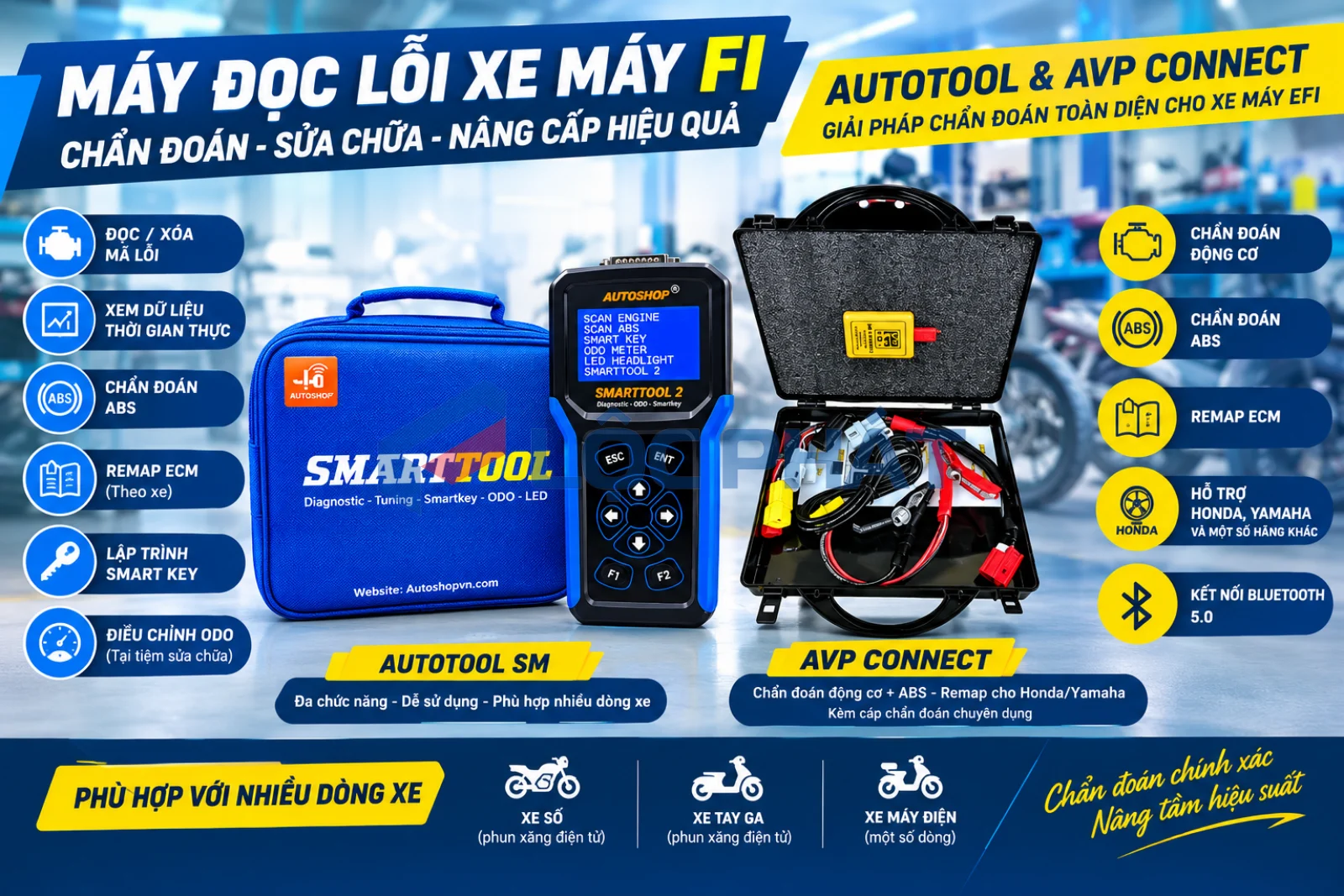 Máy đọc lỗi xe máy FI Smarttool 2 và AVP Connect chẩn đoán đa năng - Thiết Bị Lộc Phát